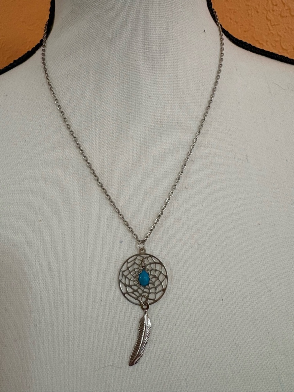 Silver Dreamcatcher Necklace with Blue Accent Stone